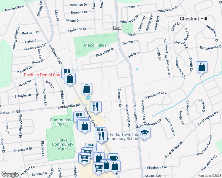 map of restaurants, bars, coffee shops, grocery stores, and more near 2151 Huntington Lane in Easton