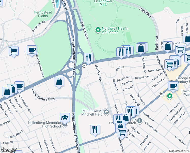map of restaurants, bars, coffee shops, grocery stores, and more near 60 Merrick Avenue in East Meadow