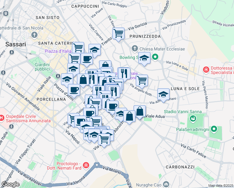 map of restaurants, bars, coffee shops, grocery stores, and more near 8 Via Alfredo Oriani in Sassari