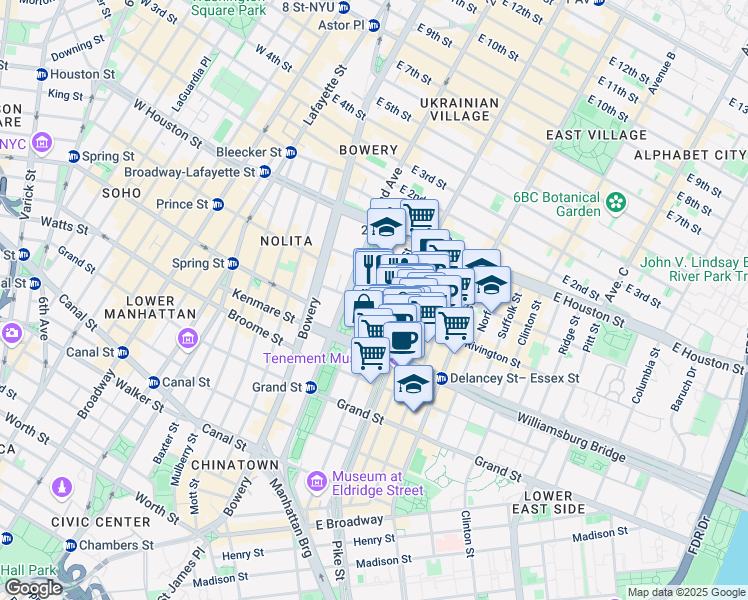 map of restaurants, bars, coffee shops, grocery stores, and more near 184 Eldridge Street in New York