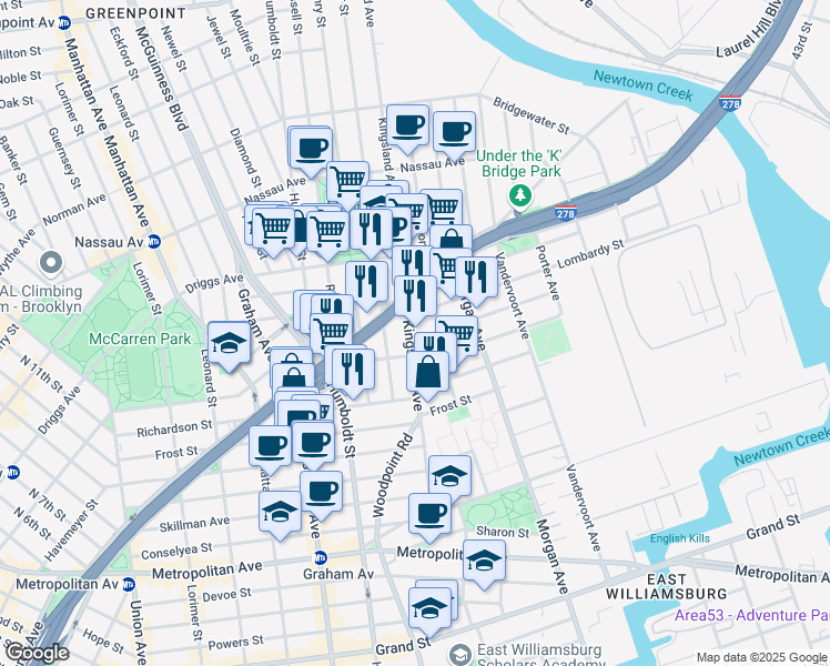 map of restaurants, bars, coffee shops, grocery stores, and more near 136 Kingsland Avenue in Brooklyn