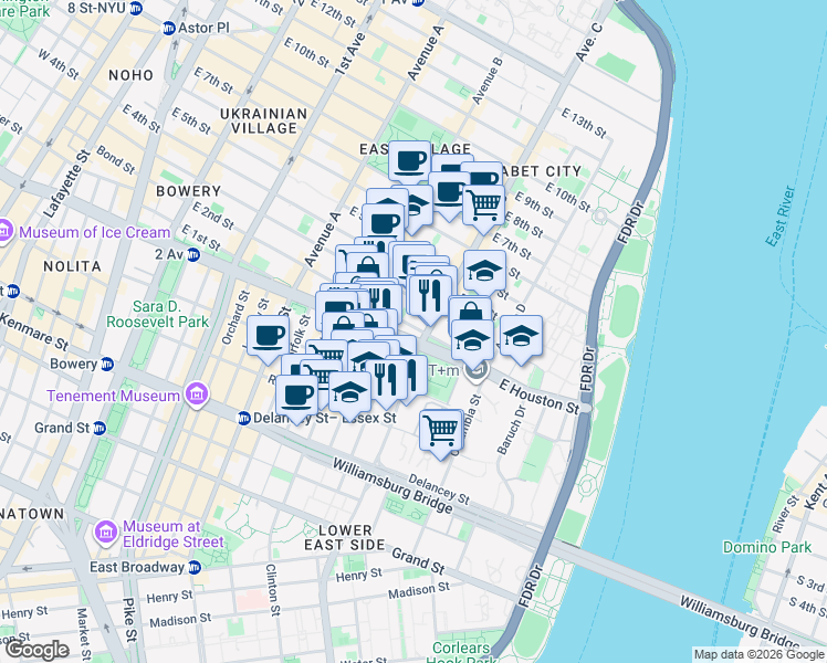 map of restaurants, bars, coffee shops, grocery stores, and more near 135 Pitt Street in New York