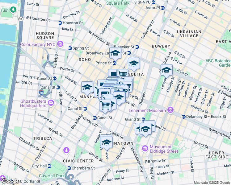 map of restaurants, bars, coffee shops, grocery stores, and more near 2 Cleveland Place in New York