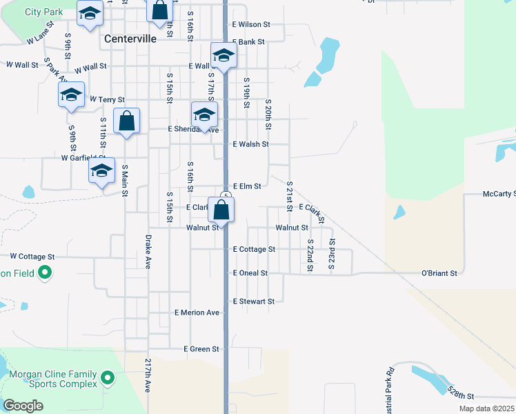 map of restaurants, bars, coffee shops, grocery stores, and more near East Clark Street in Centerville