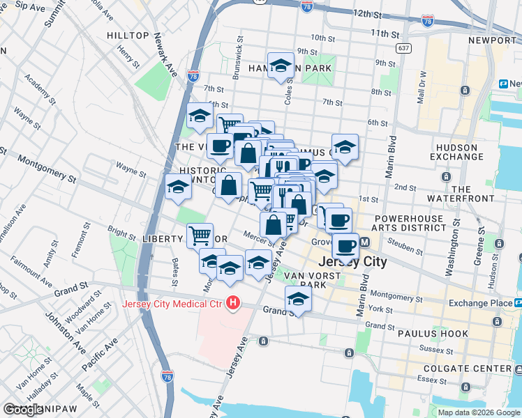 map of restaurants, bars, coffee shops, grocery stores, and more near 153-139 Wayne Street in Jersey City
