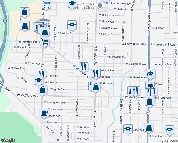 map of restaurants, bars, coffee shops, grocery stores, and more near 707 West Hanssler Place in Peoria