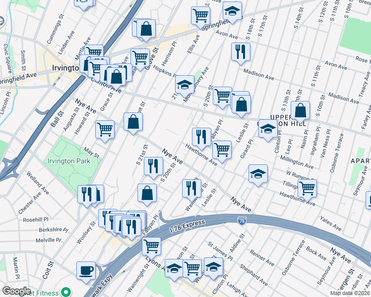 map of restaurants, bars, coffee shops, grocery stores, and more near in Newark