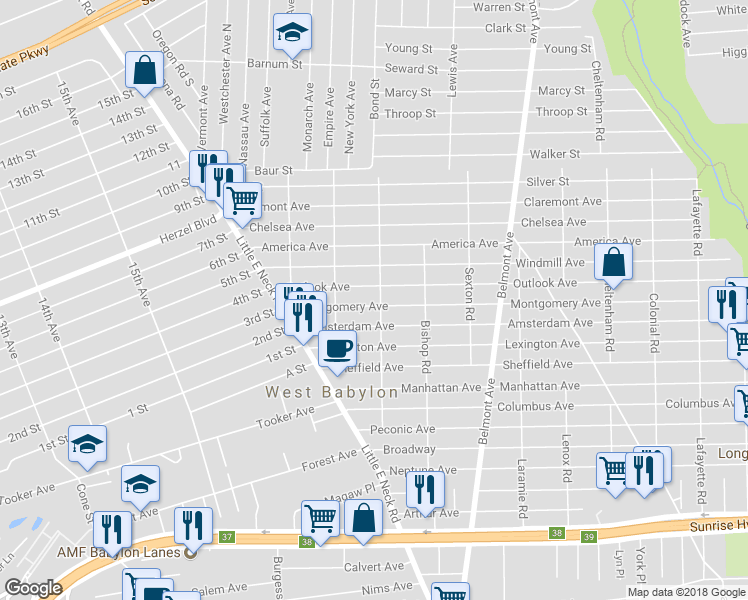 map of restaurants, bars, coffee shops, grocery stores, and more near 126 Hampton Road in West Babylon