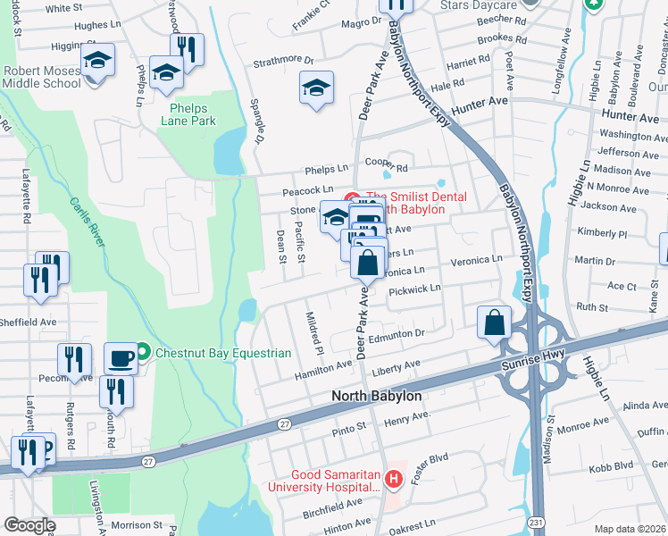 map of restaurants, bars, coffee shops, grocery stores, and more near 31 Brookside Avenue in North Babylon