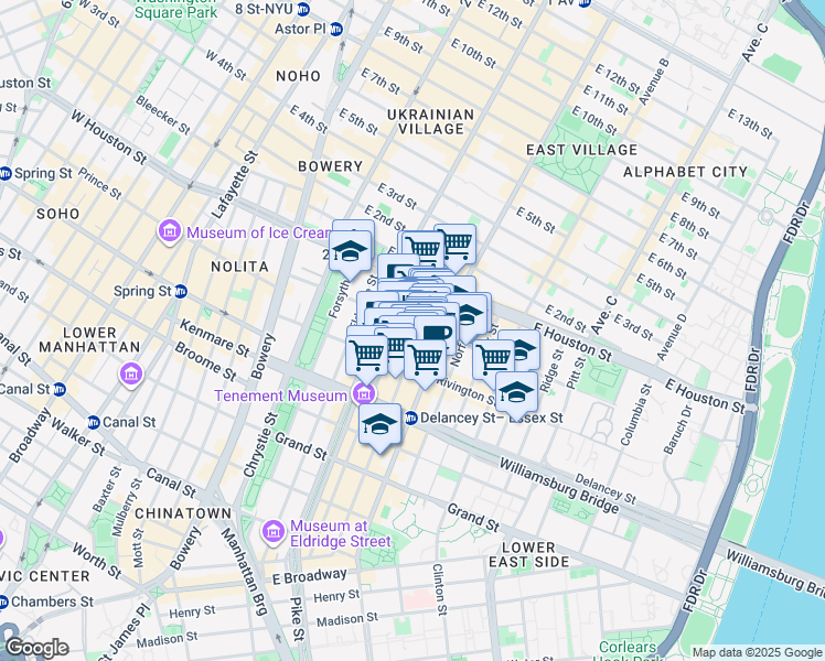 map of restaurants, bars, coffee shops, grocery stores, and more near 113 Rivington Street in New York