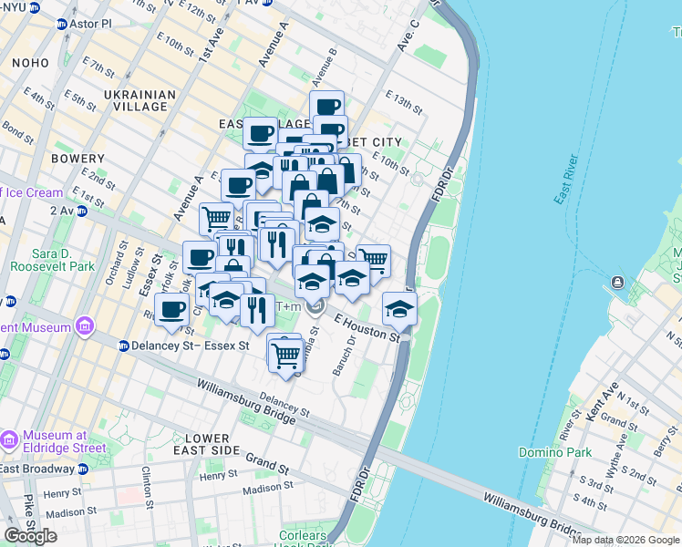 map of restaurants, bars, coffee shops, grocery stores, and more near 392 East 4th Street in New York