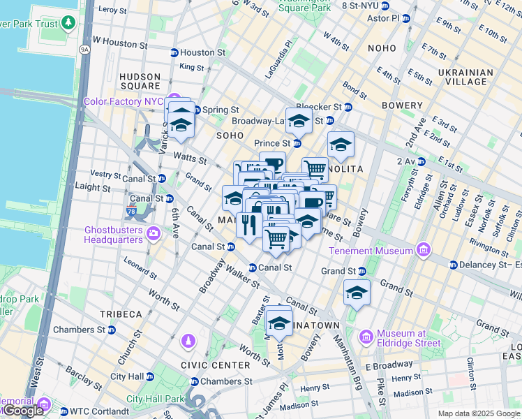 map of restaurants, bars, coffee shops, grocery stores, and more near 138 Grand Street in New York