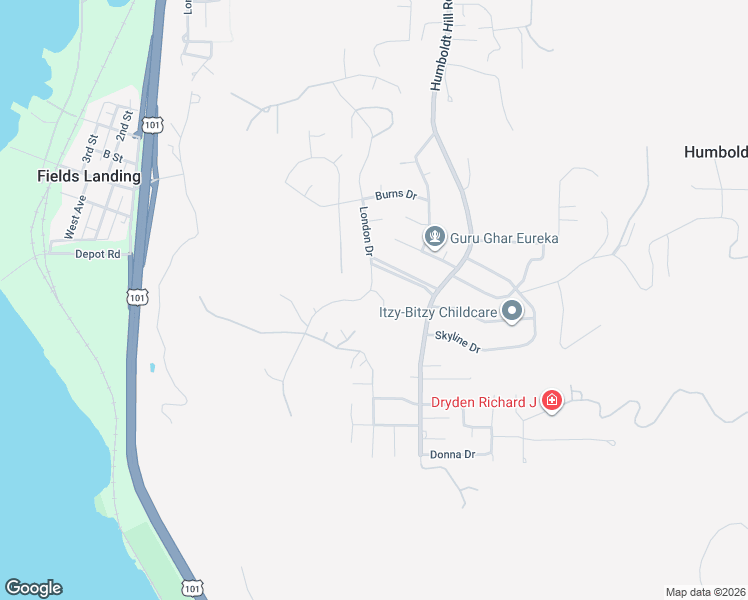 map of restaurants, bars, coffee shops, grocery stores, and more near 2243 Wycliff Lane in Eureka