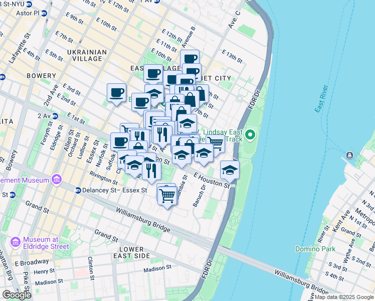 map of restaurants, bars, coffee shops, grocery stores, and more near 11/13 Avenue D in New York