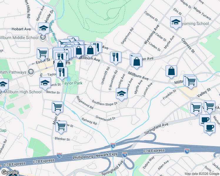 map of restaurants, bars, coffee shops, grocery stores, and more near 46 Mountainview Road in Millburn