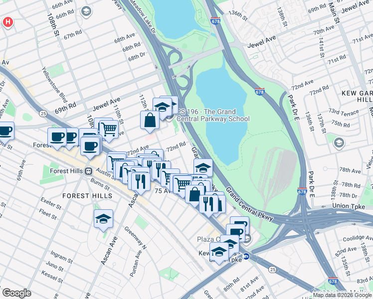 map of restaurants, bars, coffee shops, grocery stores, and more near in Queens