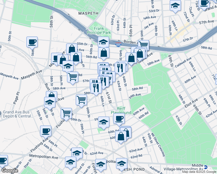 map of restaurants, bars, coffee shops, grocery stores, and more near 58-19 61st Street in Queens