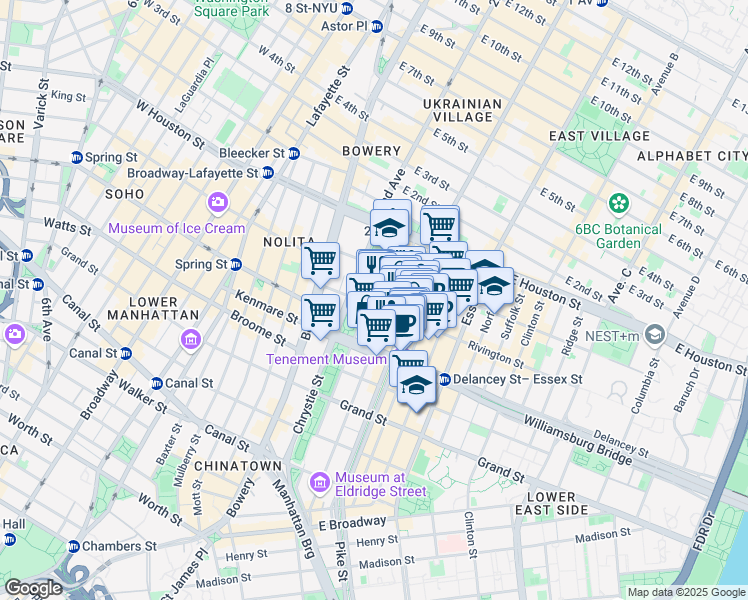 map of restaurants, bars, coffee shops, grocery stores, and more near 184 Eldridge Street in New York