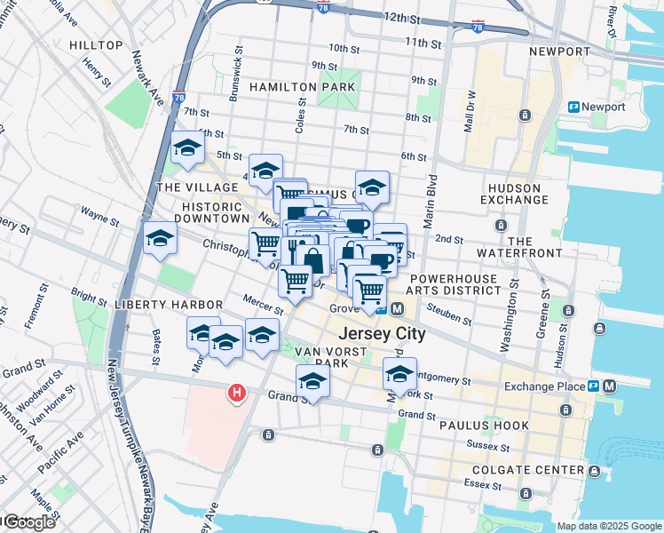 map of restaurants, bars, coffee shops, grocery stores, and more near 524 Jersey Avenue in Jersey City