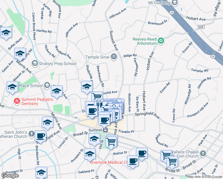 map of restaurants, bars, coffee shops, grocery stores, and more near 11 Euclid Avenue in Summit