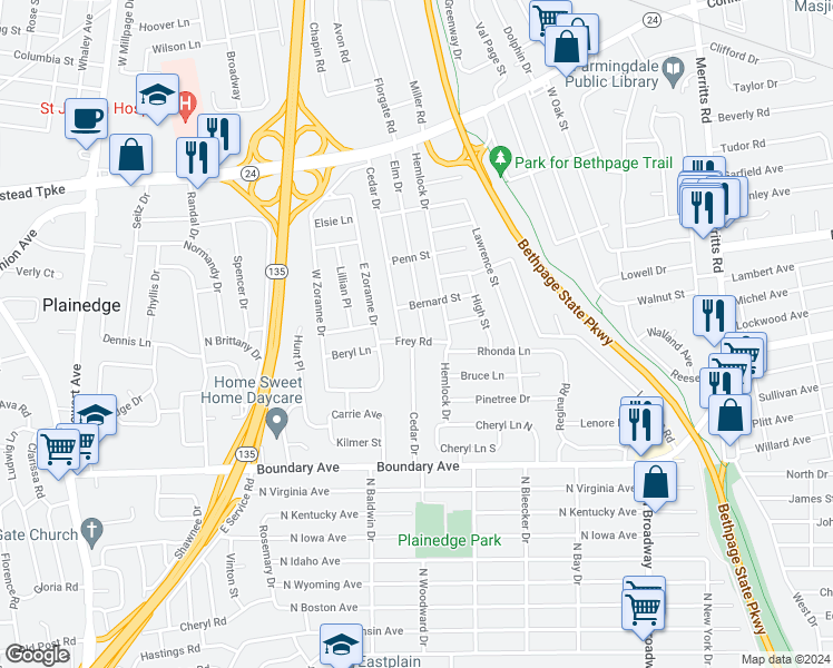 map of restaurants, bars, coffee shops, grocery stores, and more near 21 Frey Road in Farmingdale