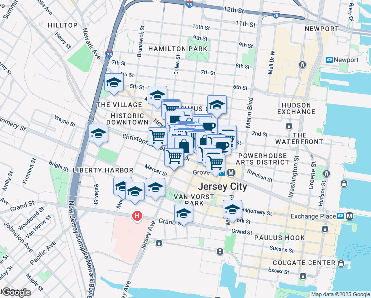 map of restaurants, bars, coffee shops, grocery stores, and more near 524 Jersey Avenue in Jersey City