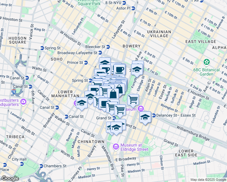 map of restaurants, bars, coffee shops, grocery stores, and more near 1 Spring Street in New York