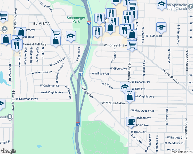 map of restaurants, bars, coffee shops, grocery stores, and more near 1601 West Gift Avenue in Peoria