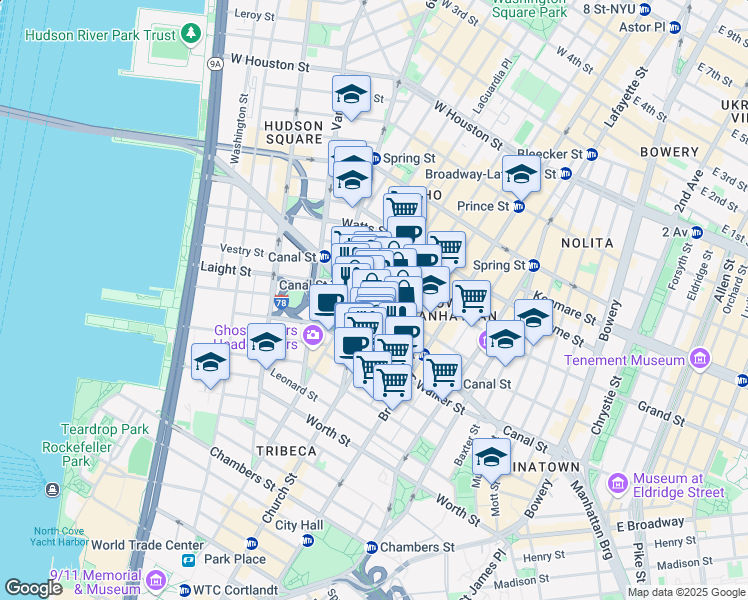 map of restaurants, bars, coffee shops, grocery stores, and more near 361 Canal Street in New York