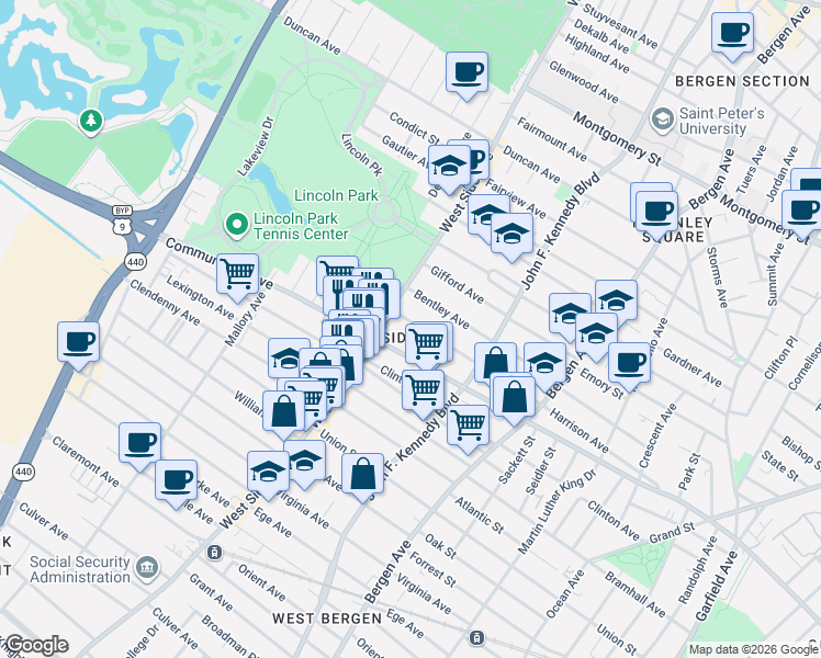 map of restaurants, bars, coffee shops, grocery stores, and more near 785 Communipaw Avenue in Jersey City