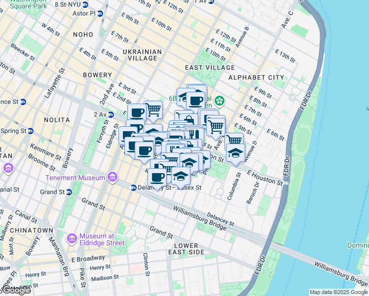 map of restaurants, bars, coffee shops, grocery stores, and more near 162 Attorney Street in New York