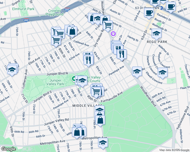 map of restaurants, bars, coffee shops, grocery stores, and more near in Queens