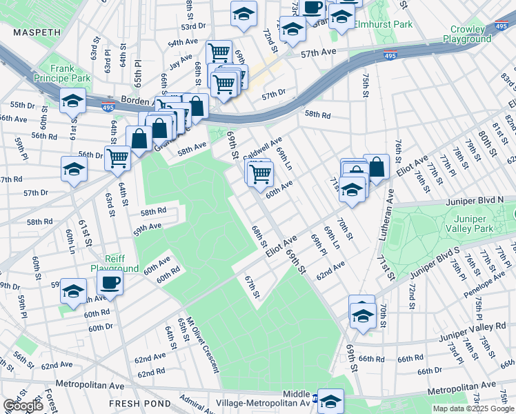 map of restaurants, bars, coffee shops, grocery stores, and more near 68-03 60th Road in Queens