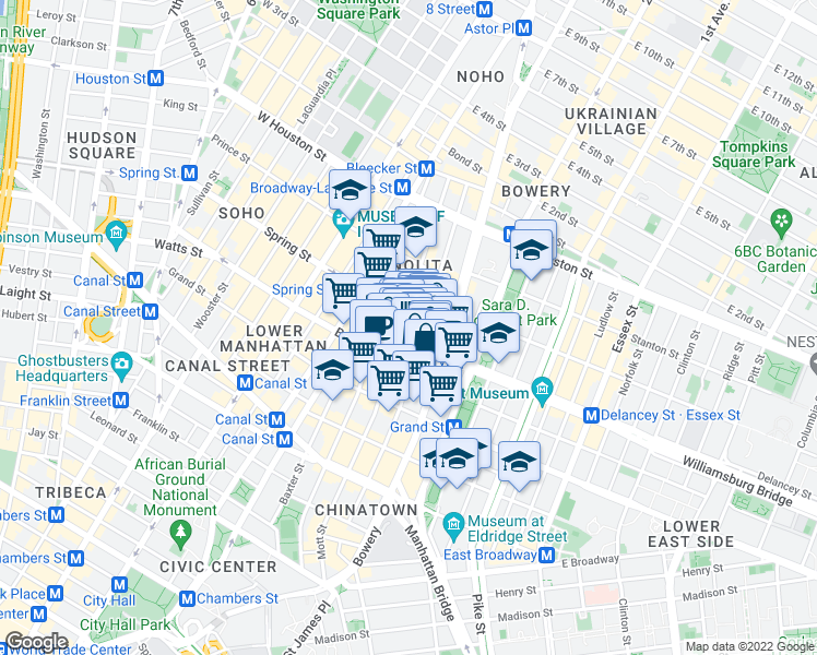 map of restaurants, bars, coffee shops, grocery stores, and more near 25 Kenmare Street in New York
