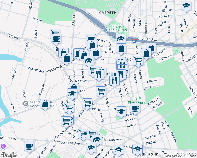 map of restaurants, bars, coffee shops, grocery stores, and more near 58-91 Grand Avenue in Queens