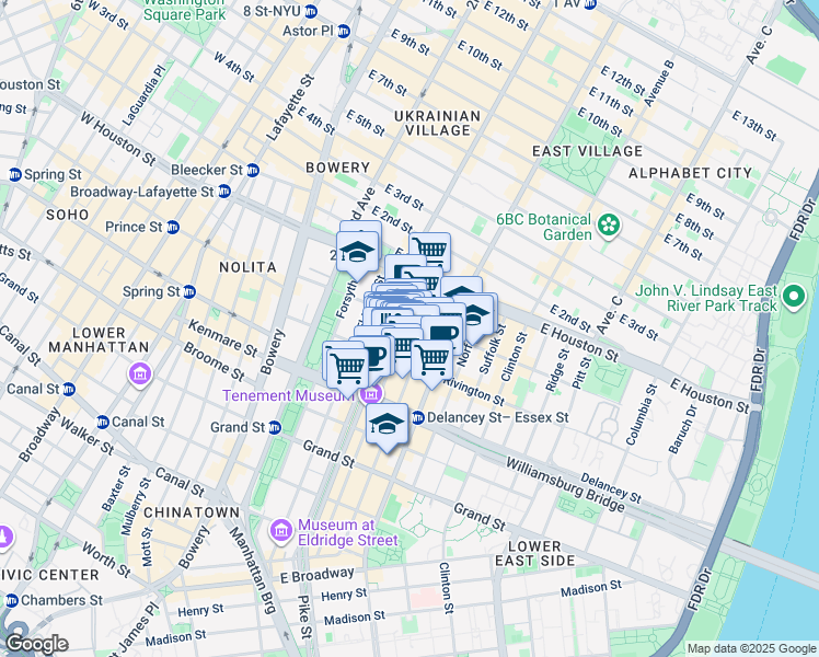 map of restaurants, bars, coffee shops, grocery stores, and more near 143 Ludlow Street in New York