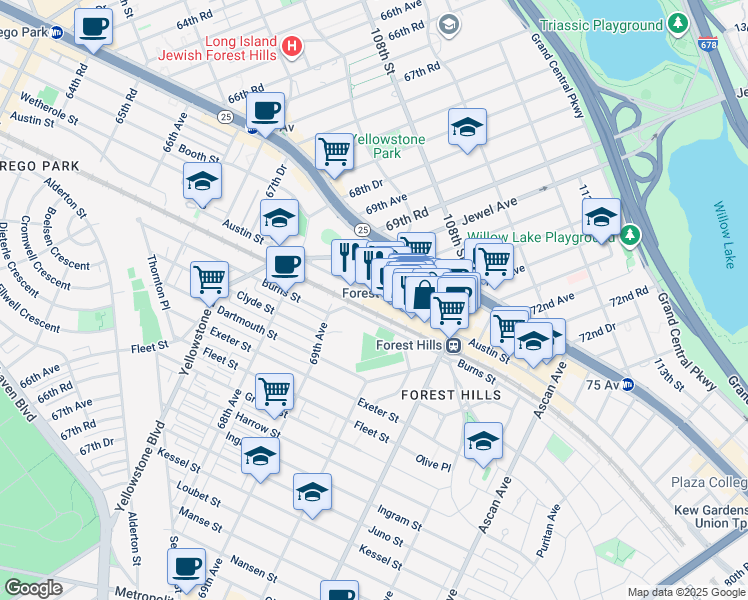 map of restaurants, bars, coffee shops, grocery stores, and more near 7000 Austin Street in Queens