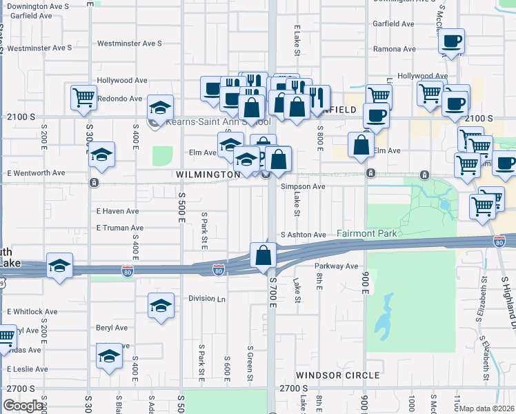 map of restaurants, bars, coffee shops, grocery stores, and more near 2306 South 700 East in Salt Lake City