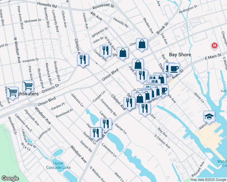 map of restaurants, bars, coffee shops, grocery stores, and more near 38 Clinton Avenue in Bay Shore