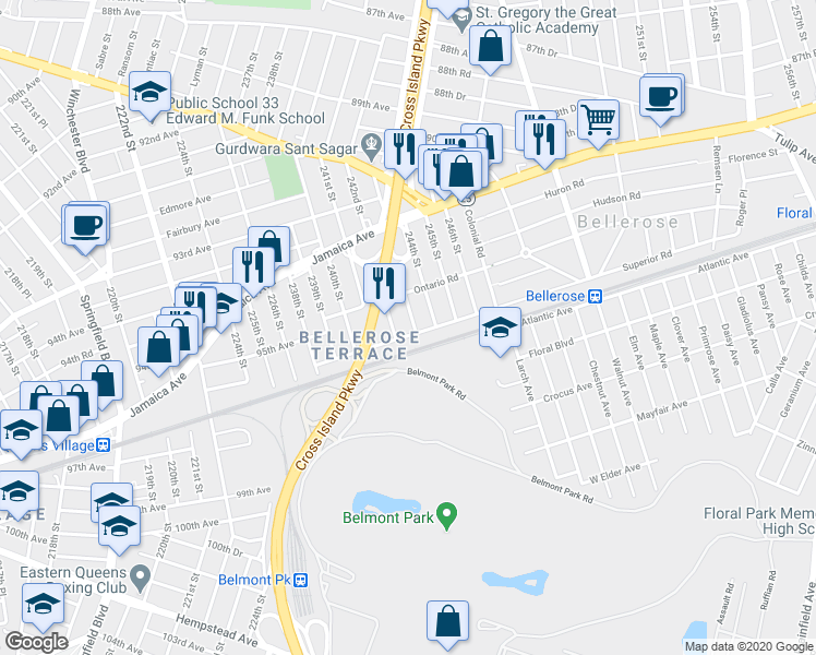 map of restaurants, bars, coffee shops, grocery stores, and more near 24216 Superior Road in Floral Park