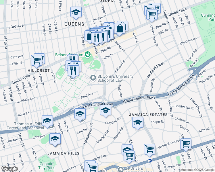 map of restaurants, bars, coffee shops, grocery stores, and more near 31 Edgerton Road in Queens