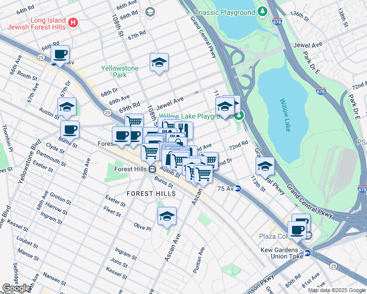 map of restaurants, bars, coffee shops, grocery stores, and more near 109-34 71st Road in Queens
