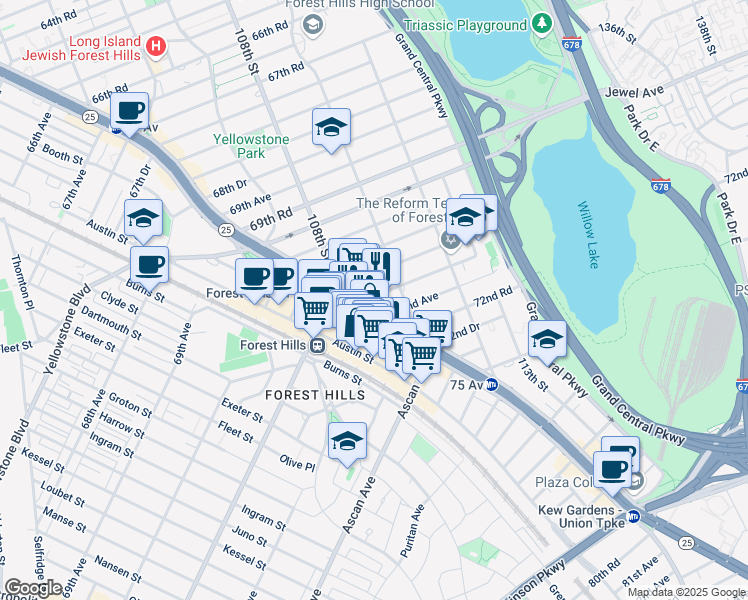 map of restaurants, bars, coffee shops, grocery stores, and more near 109-34 71st Road in Queens