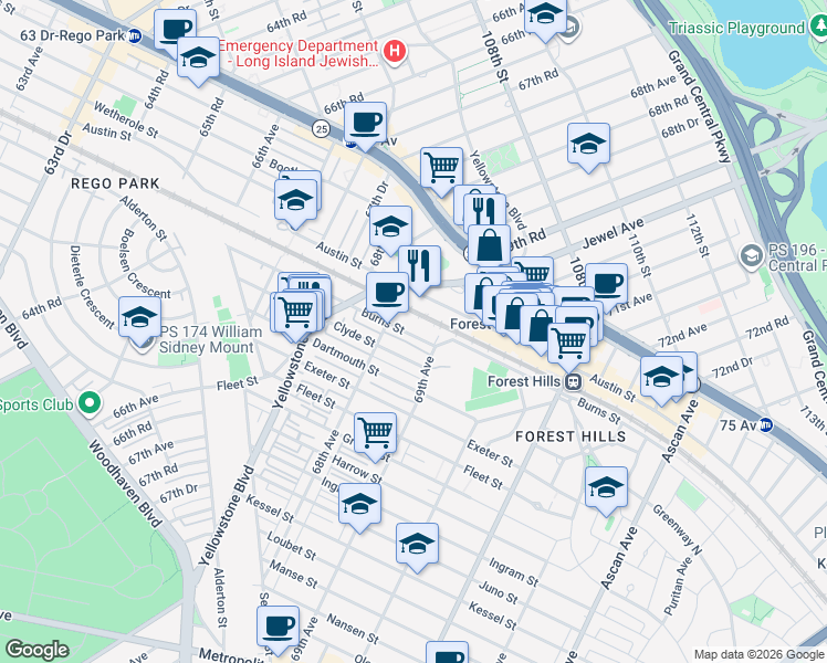 map of restaurants, bars, coffee shops, grocery stores, and more near 68-35 Clyde Street in Queens