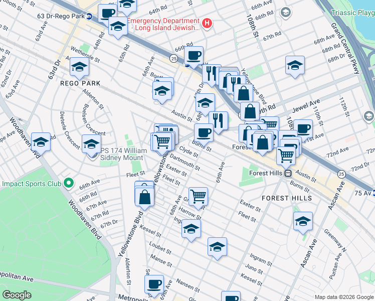 map of restaurants, bars, coffee shops, grocery stores, and more near 67-96 Dartmouth Street in Queens