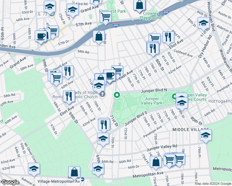 map of restaurants, bars, coffee shops, grocery stores, and more near Lutheran Avenue in Queens