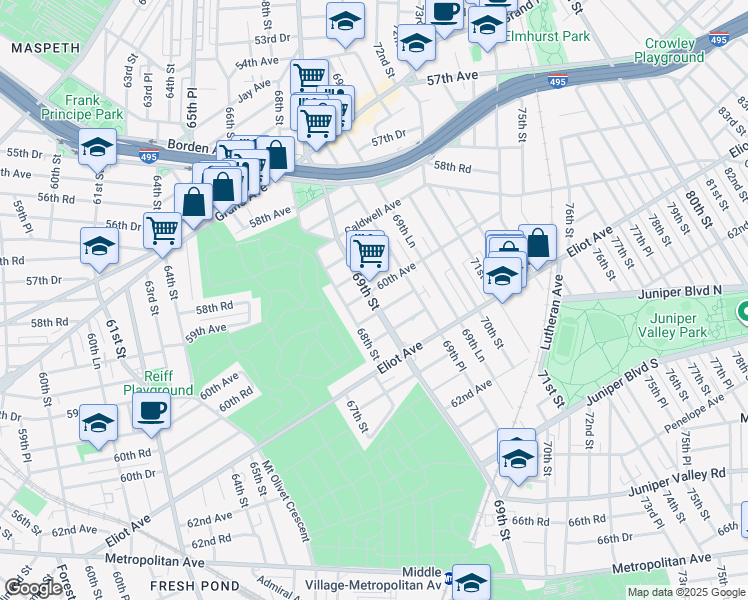 map of restaurants, bars, coffee shops, grocery stores, and more near 68-03 60th Road in Queens