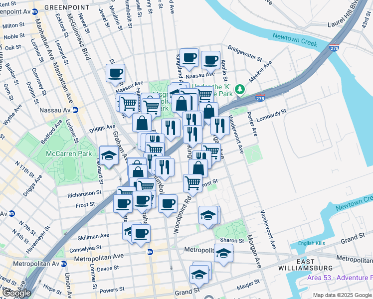 map of restaurants, bars, coffee shops, grocery stores, and more near 117 Kingsland Avenue in Brooklyn