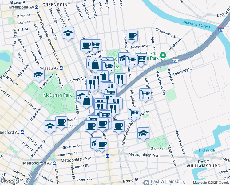 map of restaurants, bars, coffee shops, grocery stores, and more near 511 Meeker Avenue in Brooklyn