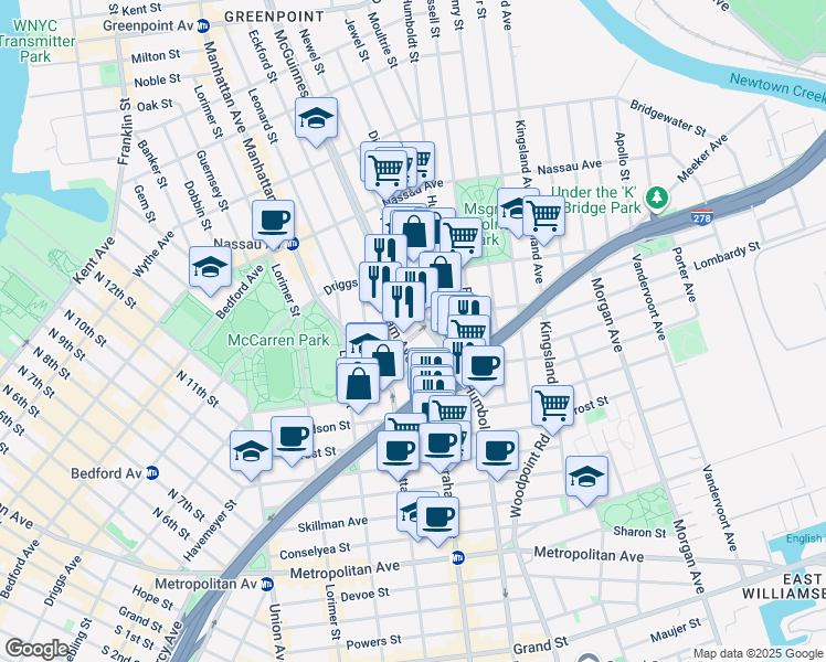 map of restaurants, bars, coffee shops, grocery stores, and more near 167 Bayard Street in Brooklyn